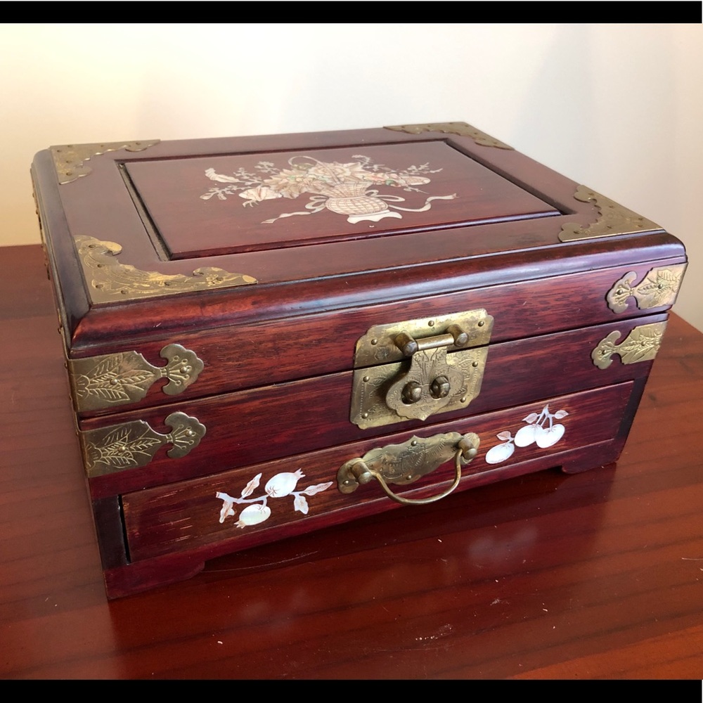 Vintage Oriental Small Wooden Jewelry Box